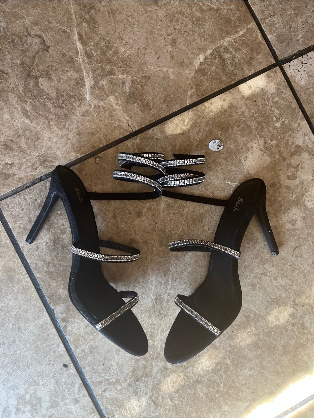 NWOT Strappy wrap around Black velvet Rhinestone Evening Heels - Picture 2 of 7